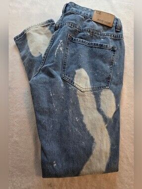 Men's Distressed Bleached Patchwork Jeans Size 34 Straight Leg Ripped Denim